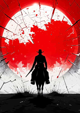 Silhouette Cowboy Horse Red Moon
