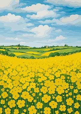 Yellow Flower Field Landscape Illustration