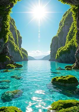 Tropical Lagoon with Mossy Rocks