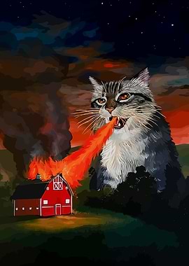Giant Cat Breathing Fire on Barn