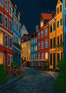 Colorful European Street at Night