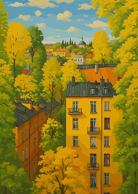 Autumn Cityscape with Yellow Buildings