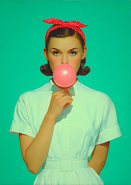 Pop Art Portrait - Retro Girl Blowing Bubble Gum
