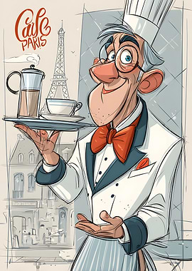 Cafe Paris Cartoon Waiter Illustration