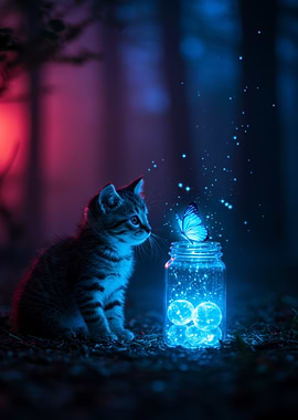 Kitten, Butterfly, and Glowing Jar
