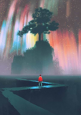 Man, Tree, and Aurora Borealis