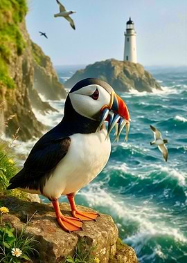 Puffin with Fish by the Sea