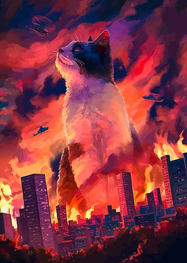 Giant Cat in Burning Cityscape