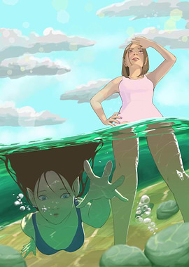 Underwater Encounter: Girl and Mermaid