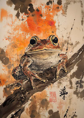 Frog on Branch Ink Painting