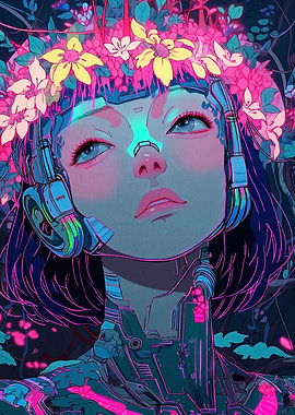 Cyberpunk Girl with Floral Crown