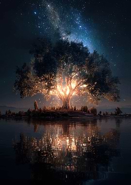 Glowing Tree Under Starry Night