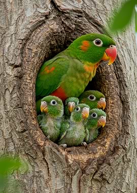 Parrot Family in Tree Hollow