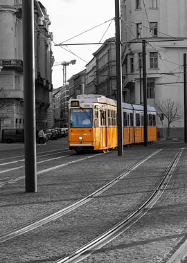 Orange Tram in Black and White City