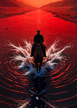 Cowboy on Horseback Crossing Red River