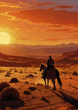 Cowboy on Horseback at Sunset