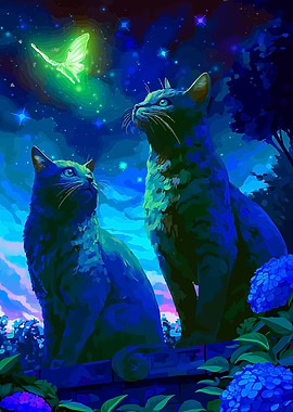Cats and Butterfly in Night Garden