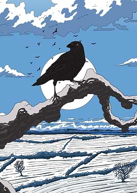 Raven on Snowy Branch Illustration