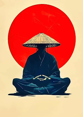 Meditating Monk with Red Sun