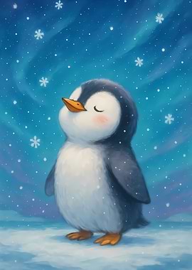 Cute Penguin in Winter Snowfall