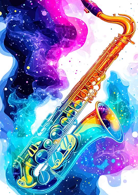 Colorful Saxophone with Galaxy Background
