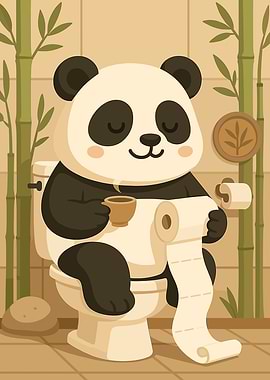 Panda on Toilet with Coffee