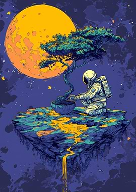 Astronaut with Bonsai Tree on Floating Island