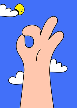 Cartoon Hand OK Sign with Sky