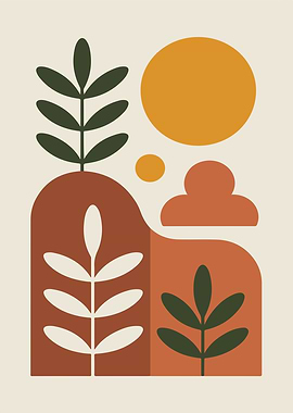 Abstract Botanical Landscape with Sun