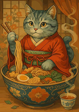 Cat in Kimono Eating Ramen