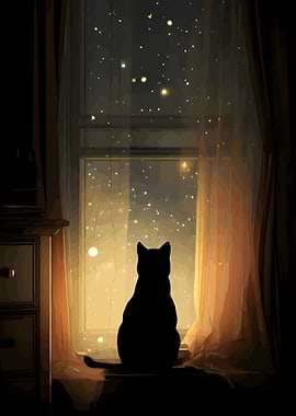 Cat silhouette looking at starry night