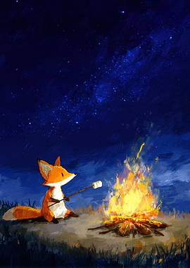 Fox roasting marshmallow by campfire