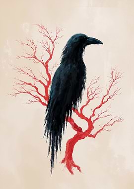 Raven on Red Tree Digital Art