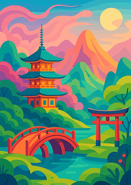Japanese Landscape with Pagoda and Torii