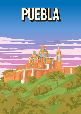 Puebla Mexico Vintage Travel Poster
