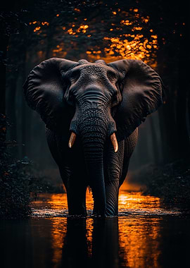 Elephant in Water at Night