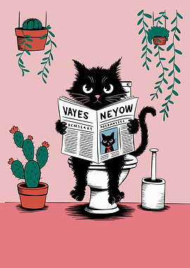 Cat Reading Newspaper on Toilet
