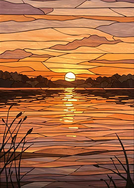 Stained Glass Sunset Over Water