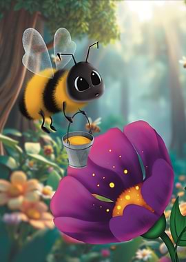 Magical Bee's Nectar Cartoon Bee with Honey Bucket