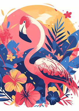 Stylized Flamingo with Tropical Floral Background