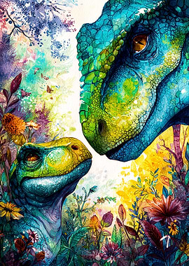 Watercolor Dinosaurs in Floral Setting