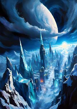 Frozen Cityscape Under a Giant Moon