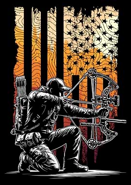 Bow Hunting - Bow Hunter with American Flag Background