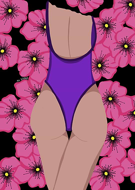 Curvy Woman in Purple Swimsuit – Bold Floral Art