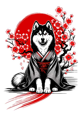 Husky in Kimono with Cherry Blossoms