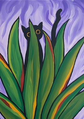 Black Cat Hiding in Greenery Painting
