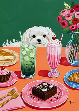 Cafe themed dog illustration Dog and Desserts Still Life Painting Cute Dog Dessert Table Art Print with Sweets and Milkshake