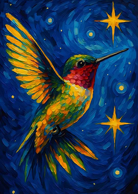 Hummingbird in Starry Night Painting