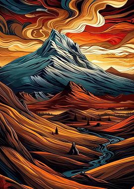 Mountain Landscape with River and Sky