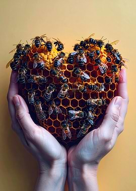 Bees on Heart Shaped Honeycomb Held in Hands